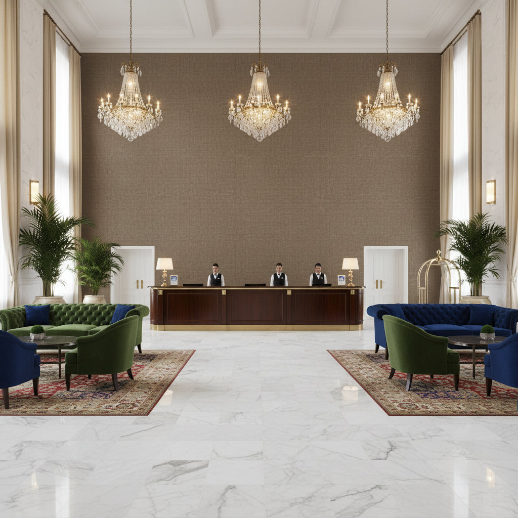 Lille Linen Bamboo | Kravet - Hotel Lobby Visualization (AI-generated, may not be to scale. Verify pattern scale with product specifications.)