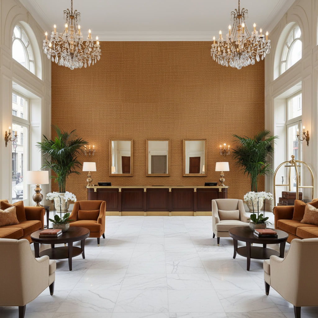 Lille Linen Gold | Kravet - Hotel Lobby Visualization (AI-generated, may not be to scale. Verify pattern scale with product specifications.)