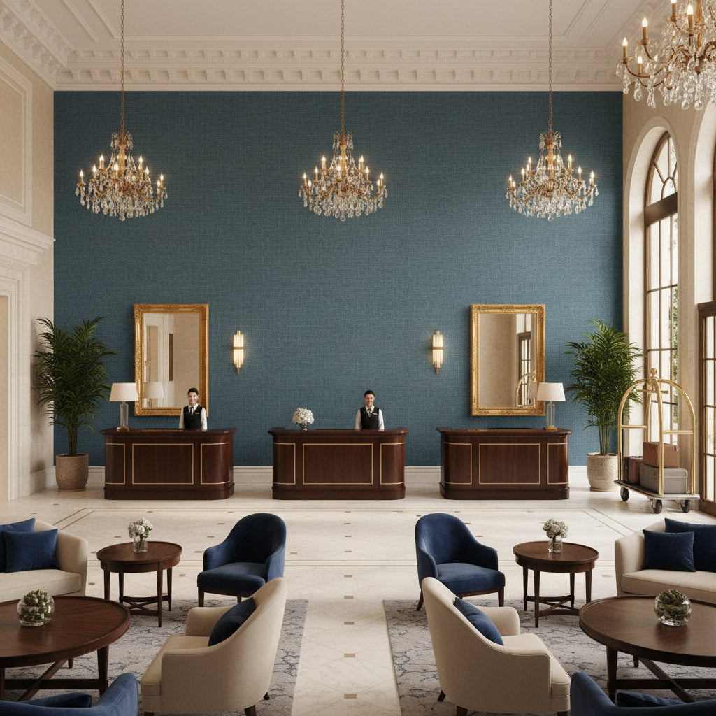 Lille Linen  Sea Blue | Kravet - Hotel Lobby Visualization (AI-generated, may not be to scale. Verify pattern scale with product specifications.)