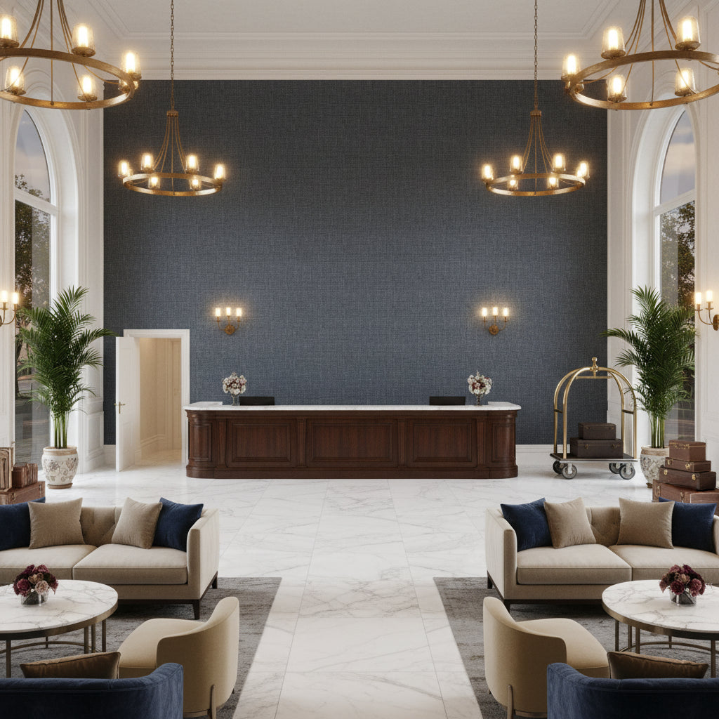Lille Linen Midgnight | Kravet - Hotel Lobby Visualization (AI-generated, may not be to scale. Verify pattern scale with product specifications.)