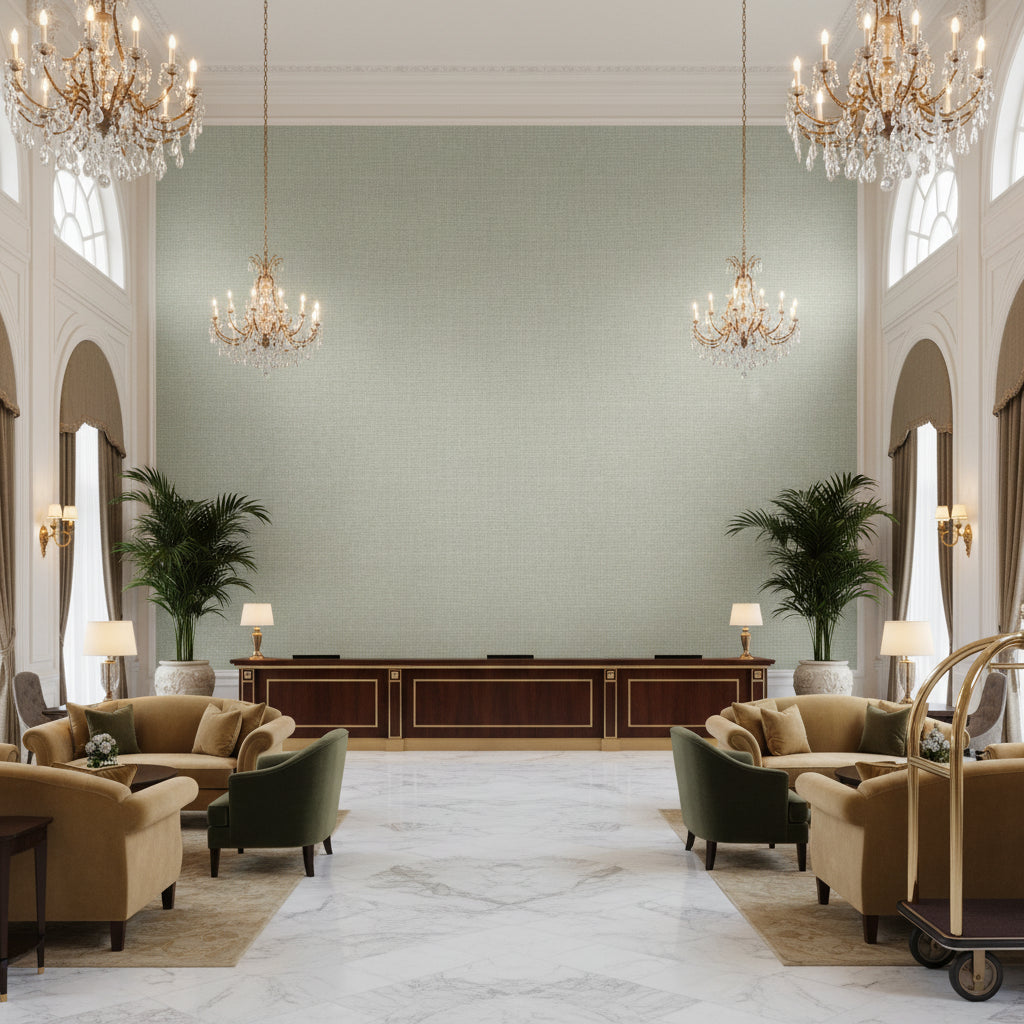 Lille Linen Silver | Kravet - Hotel Lobby Visualization (AI-generated, may not be to scale. Verify pattern scale with product specifications.)