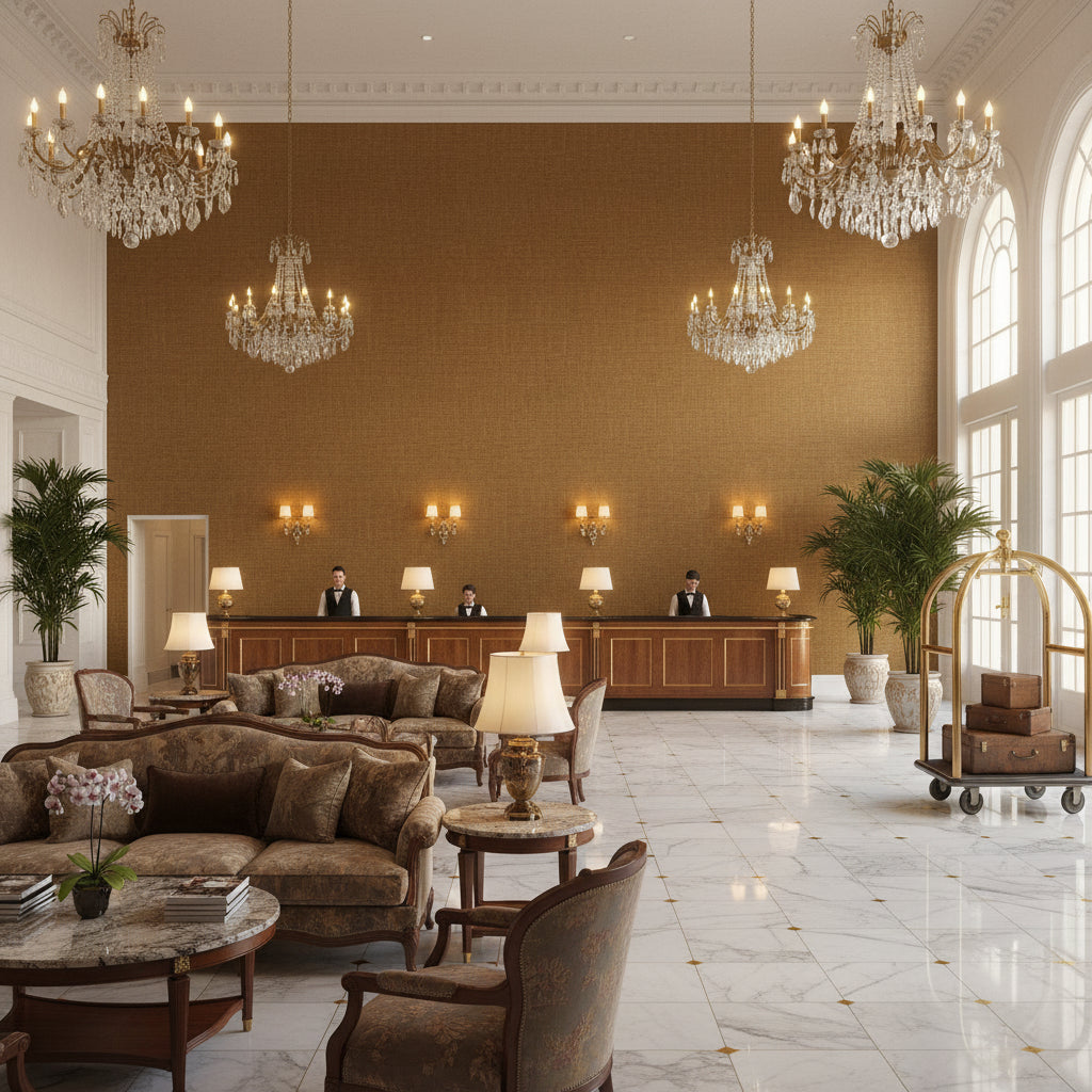 Lille Linen Bronze | Kravet - Hotel Lobby Visualization (AI-generated, may not be to scale. Verify pattern scale with product specifications.)