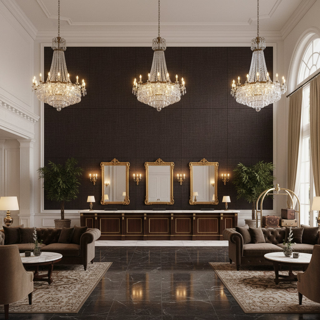 Lille Linen  Coffee Bean | Kravet - Hotel Lobby Visualization (AI-generated, may not be to scale. Verify pattern scale with product specifications.)