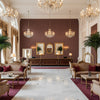 Lille Linen Old Red | Kravet - Hotel Lobby Visualization (AI-generated, may not be to scale. Verify pattern scale with product specifications.)