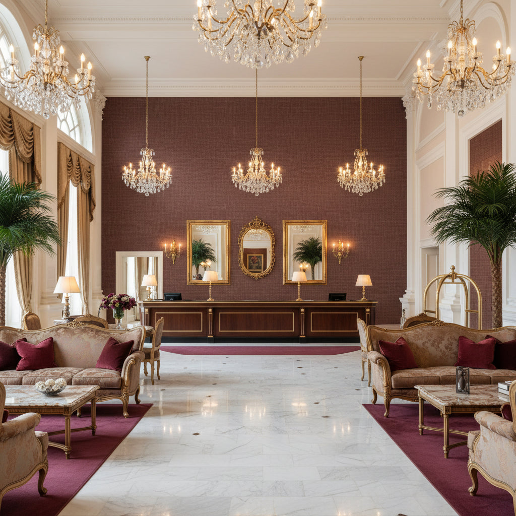 Lille Linen Old Red | Kravet - Hotel Lobby Visualization (AI-generated, may not be to scale. Verify pattern scale with product specifications.)