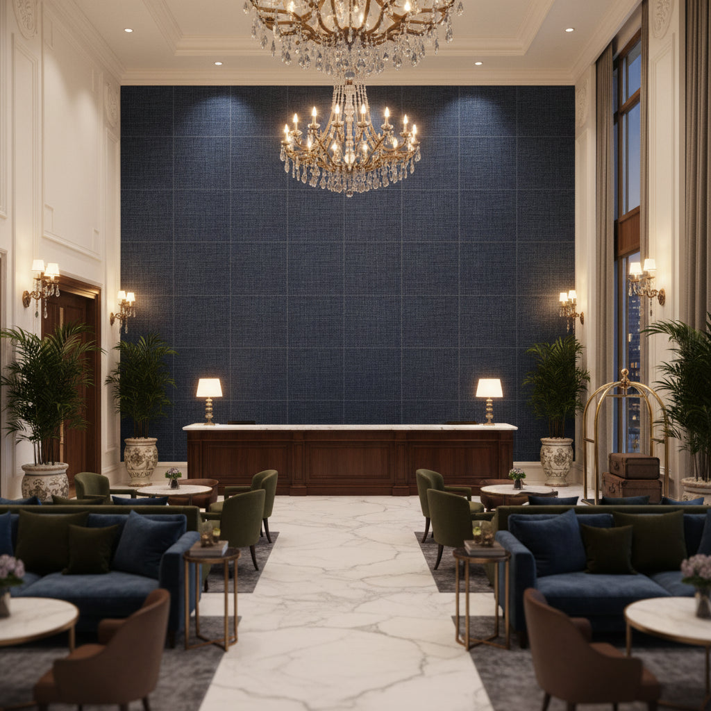 Lille Linen Gunmetal | Kravet - Hotel Lobby Visualization (AI-generated, may not be to scale. Verify pattern scale with product specifications.)