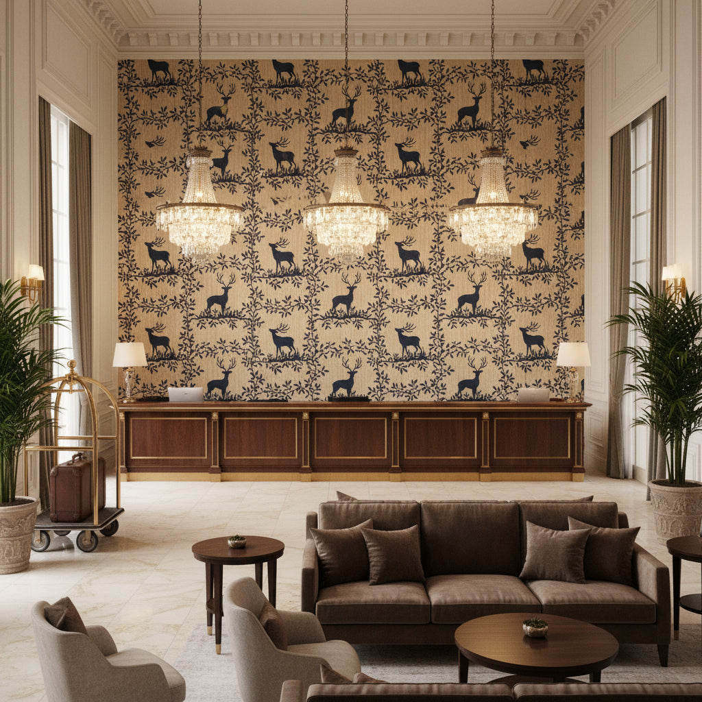 Caribou Emb Navy | Kravet - Hotel Lobby Visualization (AI-generated, may not be to scale. Verify pattern scale with product specifications.)