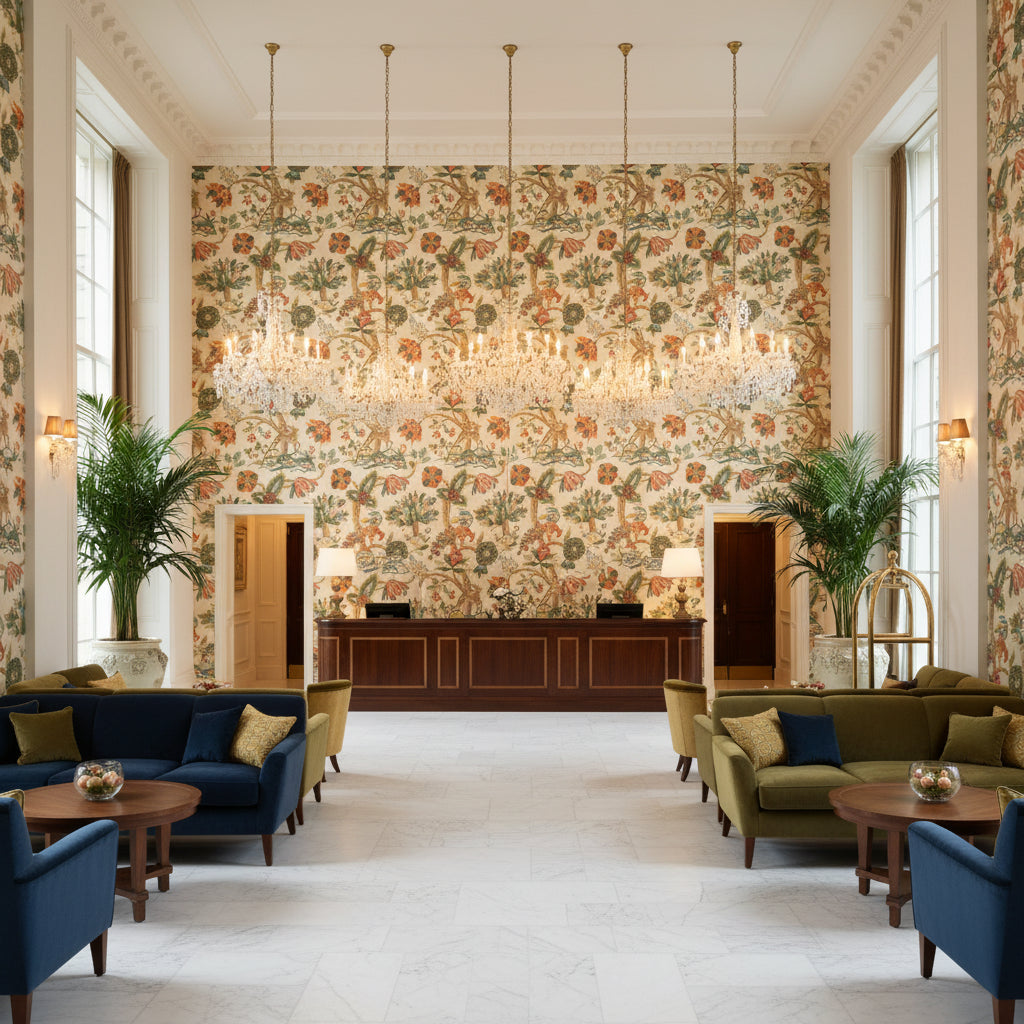 Leyland Print Berry/Forest | Kravet - Hotel Lobby Visualization (AI-generated, may not be to scale. Verify pattern scale with product specifications.)