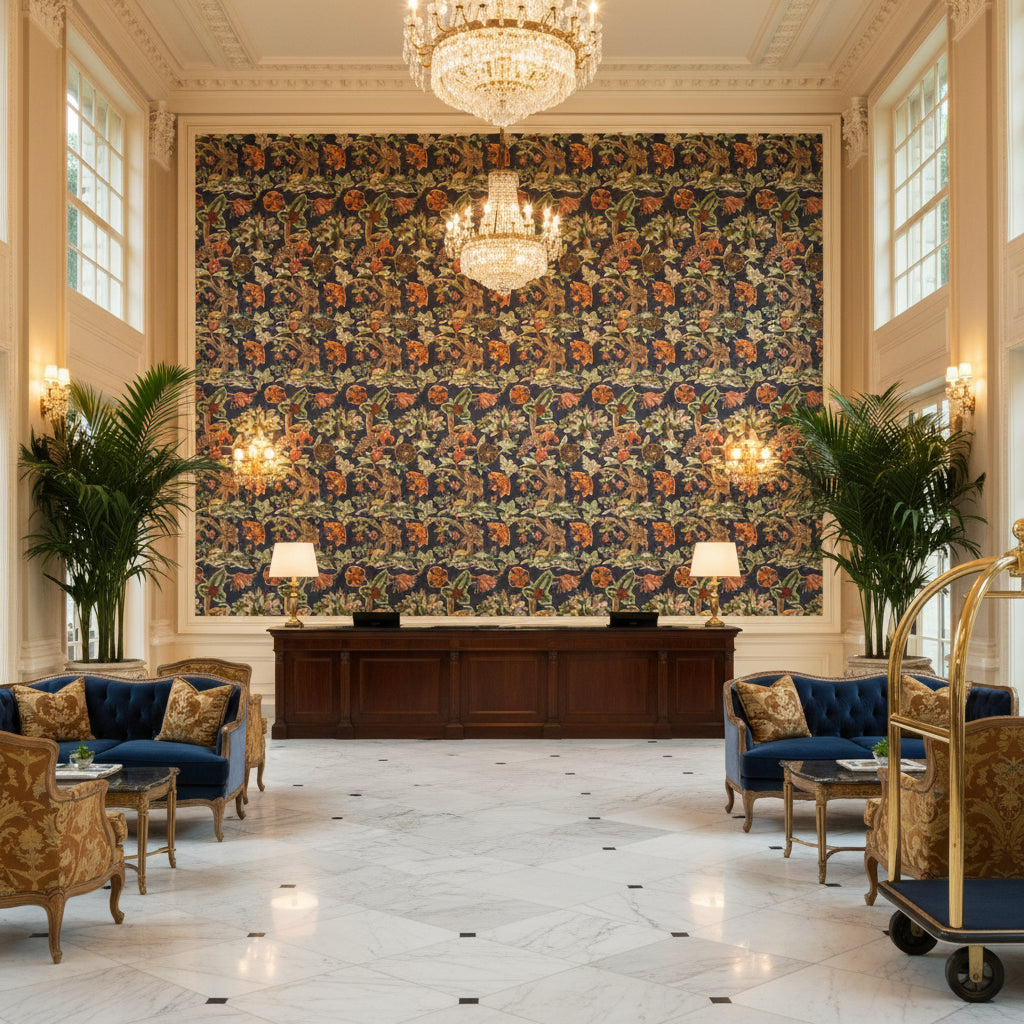 Leyland Print Blue/Multi | Kravet - Hotel Lobby Visualization (AI-generated, may not be to scale. Verify pattern scale with product specifications.)