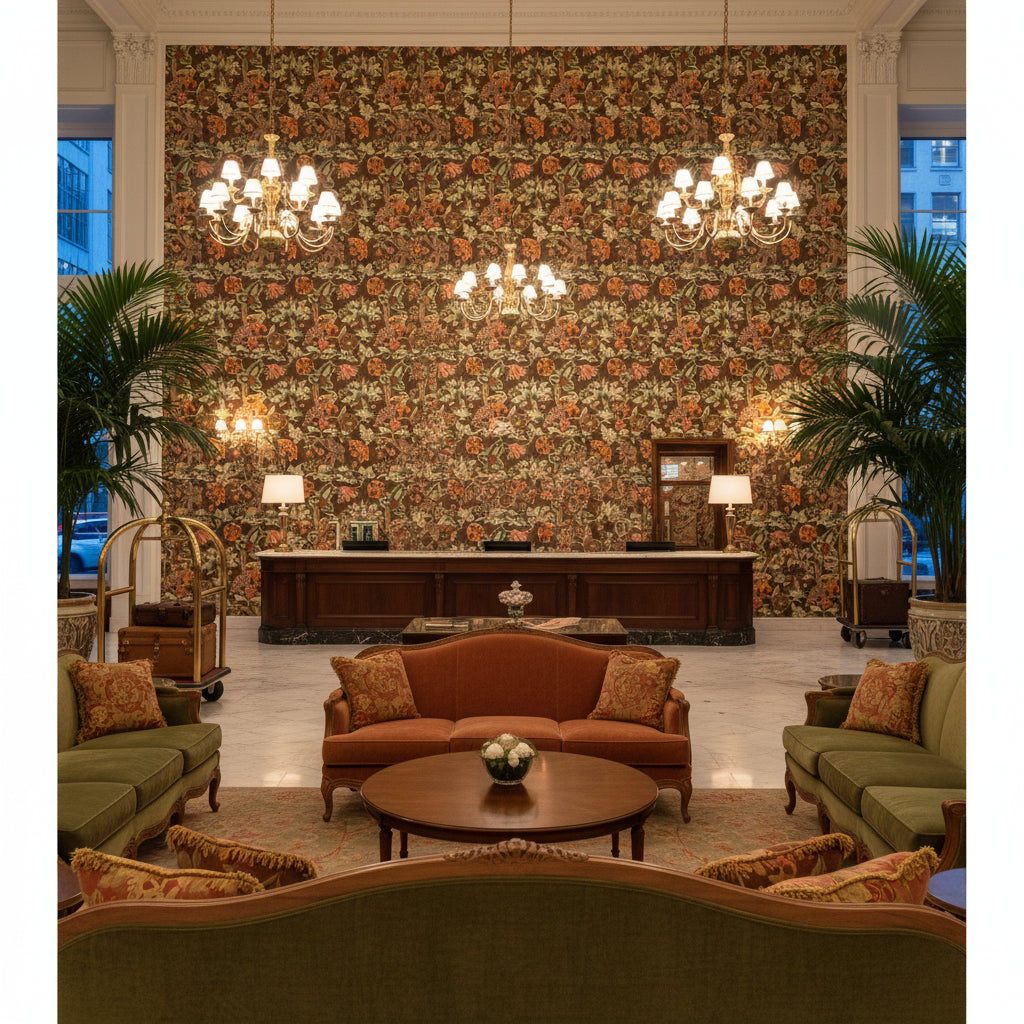Leyland Print Tobacco | Kravet - Hotel Lobby Visualization (AI-generated, may not be to scale. Verify pattern scale with product specifications.)