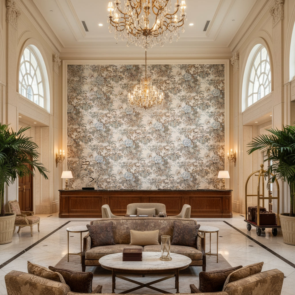 Chinese Lantern Ii Pebble | Kravet - Hotel Lobby Visualization (AI-generated, may not be to scale. Verify pattern scale with product specifications.)