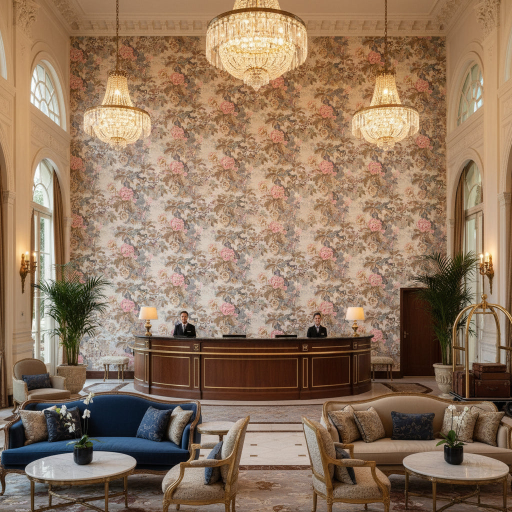 Chinese Lantern Ii Petal/Stone | Kravet - Hotel Lobby Visualization (AI-generated, may not be to scale. Verify pattern scale with product specifications.)