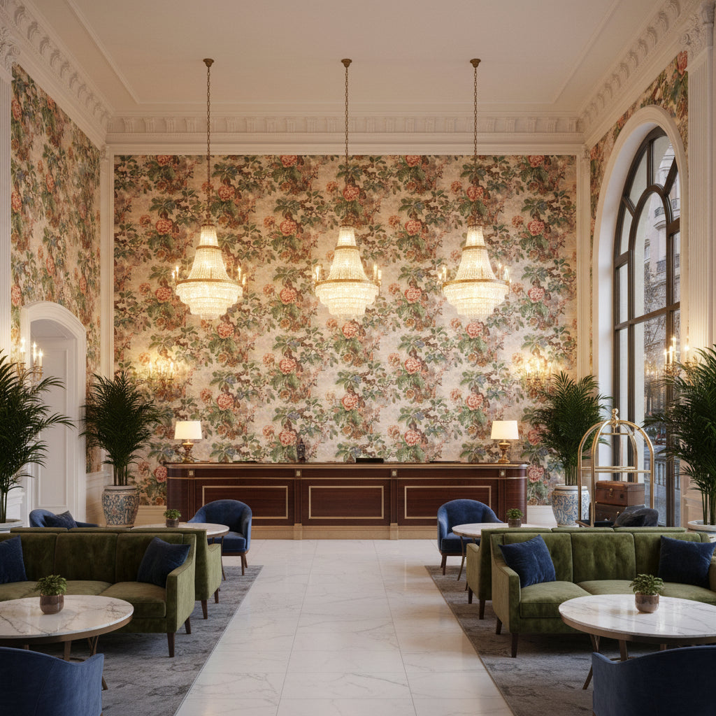Chinese Lantern Ii Spring | Kravet - Hotel Lobby Visualization (AI-generated, may not be to scale. Verify pattern scale with product specifications.)