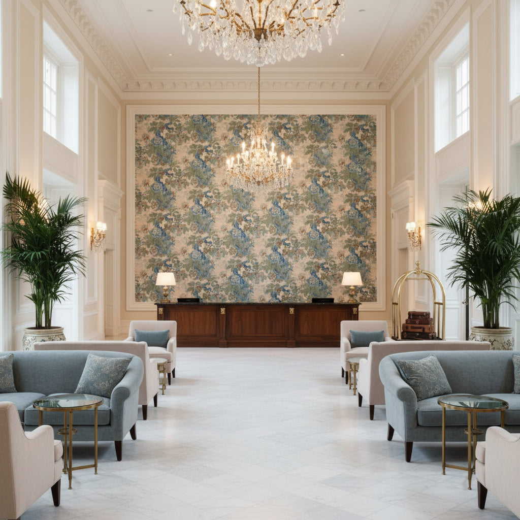 Chinese Lantern Ii Sky/Jade | Kravet - Hotel Lobby Visualization (AI-generated, may not be to scale. Verify pattern scale with product specifications.)