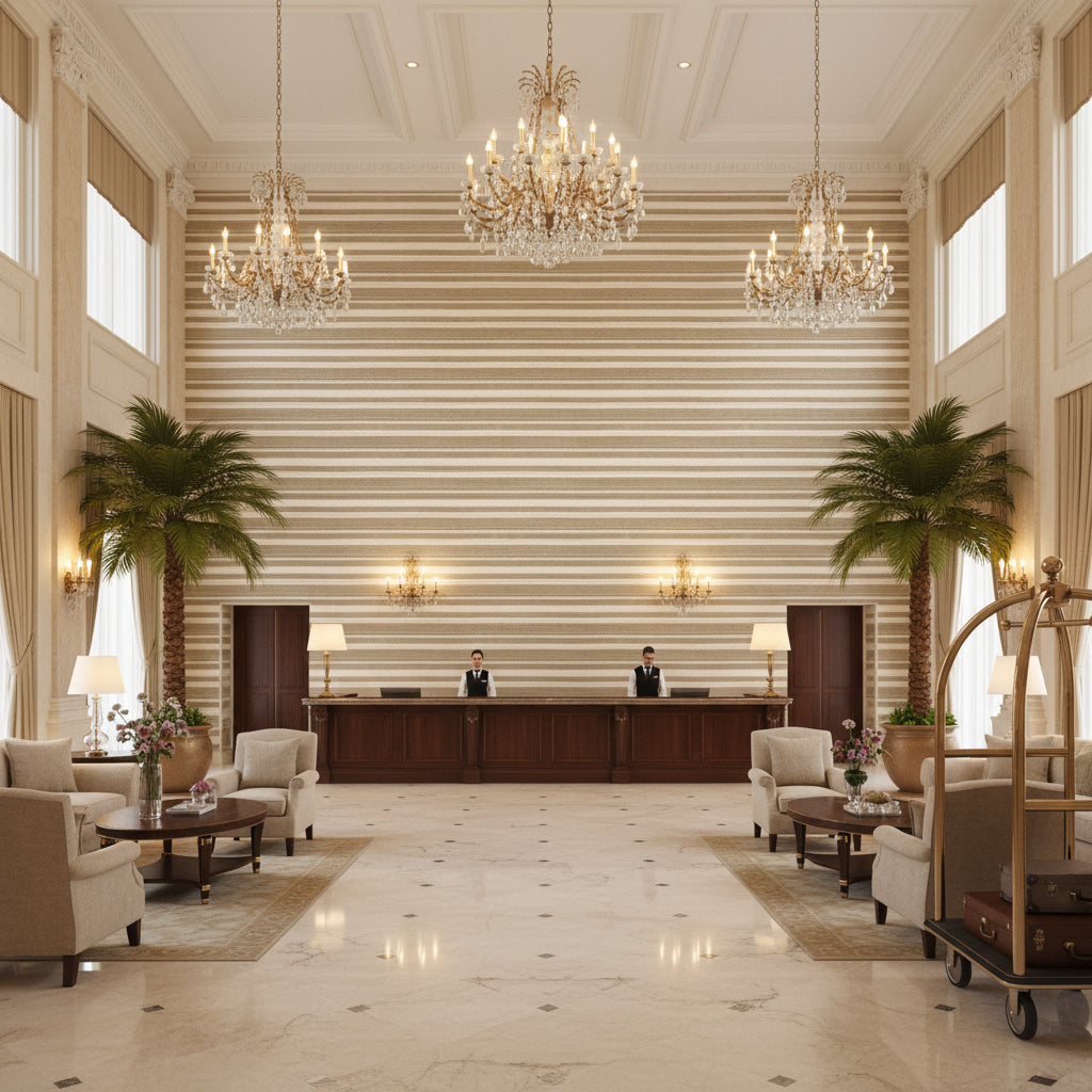 Entoto Stripe Ivory/Flax | Kravet - Hotel Lobby Visualization (AI-generated, may not be to scale. Verify pattern scale with product specifications.)