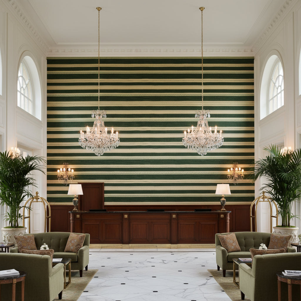 Entoto Stripe Juniper/Leaf | Kravet - Hotel Lobby Visualization (AI-generated, may not be to scale. Verify pattern scale with product specifications.)