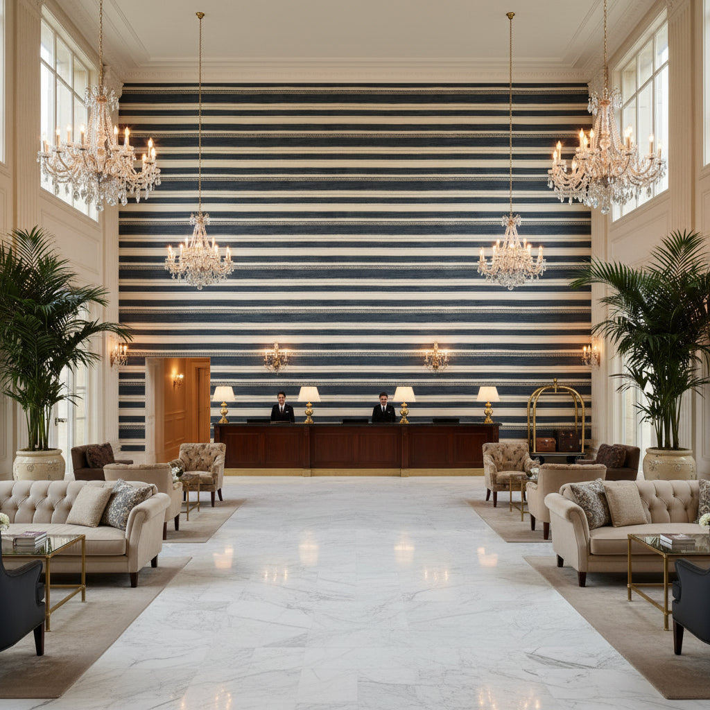 Entoto Stripe Blue/Indigo | Kravet - Hotel Lobby Visualization (AI-generated, may not be to scale. Verify pattern scale with product specifications.)