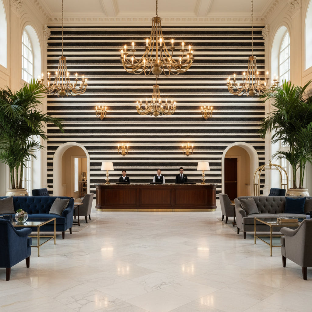 Entoto Stripe Ivory/Black | Kravet - Hotel Lobby Visualization (AI-generated, may not be to scale. Verify pattern scale with product specifications.)