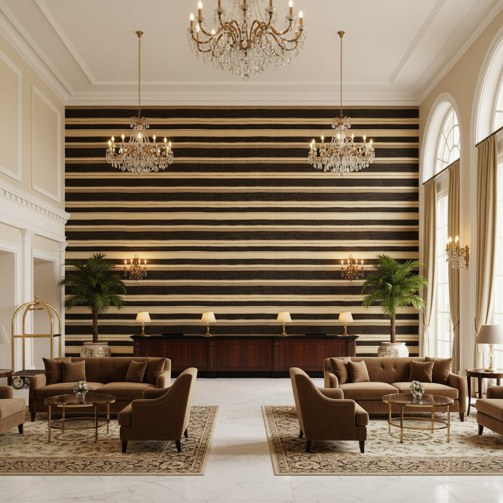 Entoto Stripe Ebony/Cocoa | Kravet - Hotel Lobby Visualization (AI-generated, may not be to scale. Verify pattern scale with product specifications.)