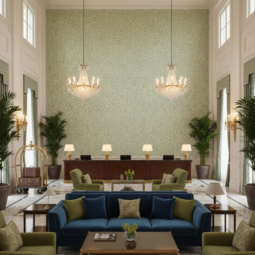 Mago Lagoon | Kravet - Hotel Lobby Visualization (AI-generated, may not be to scale. Verify pattern scale with product specifications.)