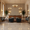 Mago Navy | Kravet - Hotel Lobby Visualization (AI-generated, may not be to scale. Verify pattern scale with product specifications.)