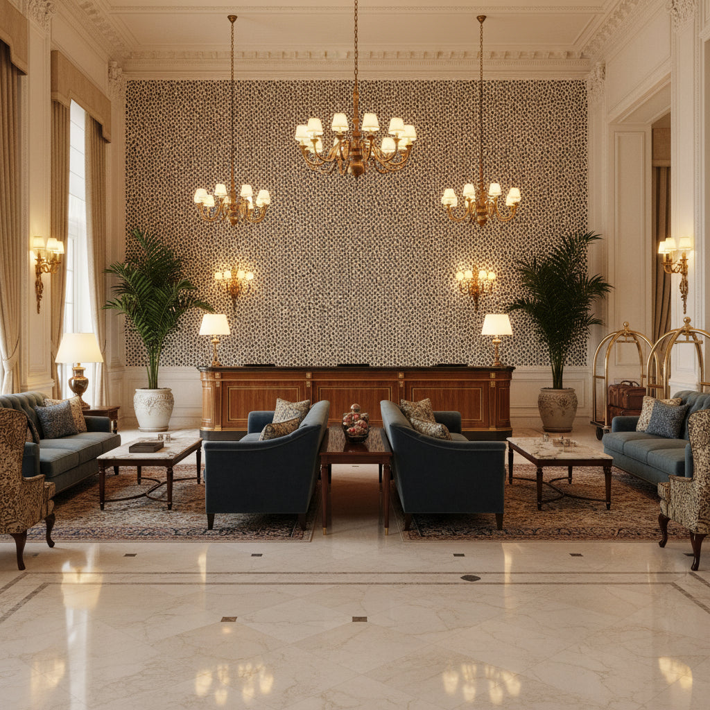 Mago Navy | Kravet - Hotel Lobby Visualization (AI-generated, may not be to scale. Verify pattern scale with product specifications.)