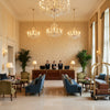 Mago Camel | Kravet - Hotel Lobby Visualization (AI-generated, may not be to scale. Verify pattern scale with product specifications.)