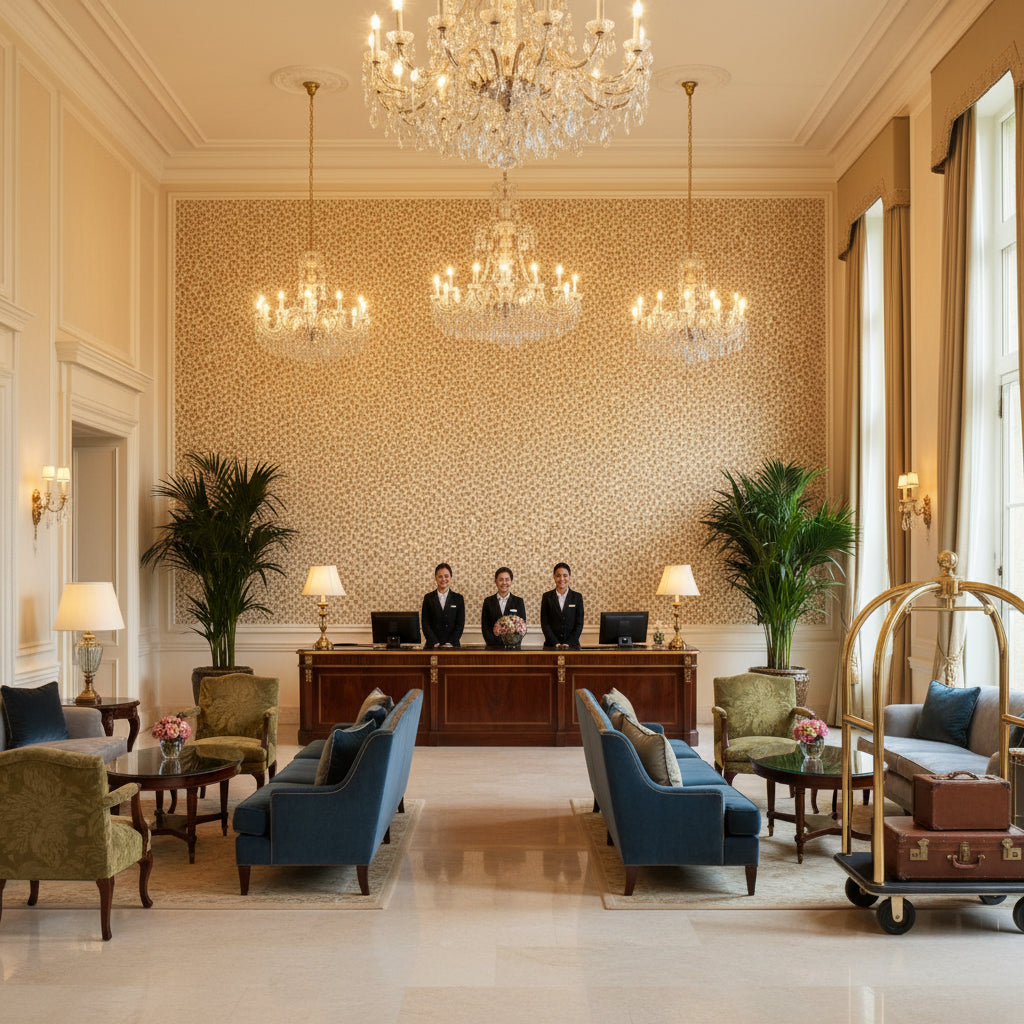 Mago Camel | Kravet - Hotel Lobby Visualization (AI-generated, may not be to scale. Verify pattern scale with product specifications.)