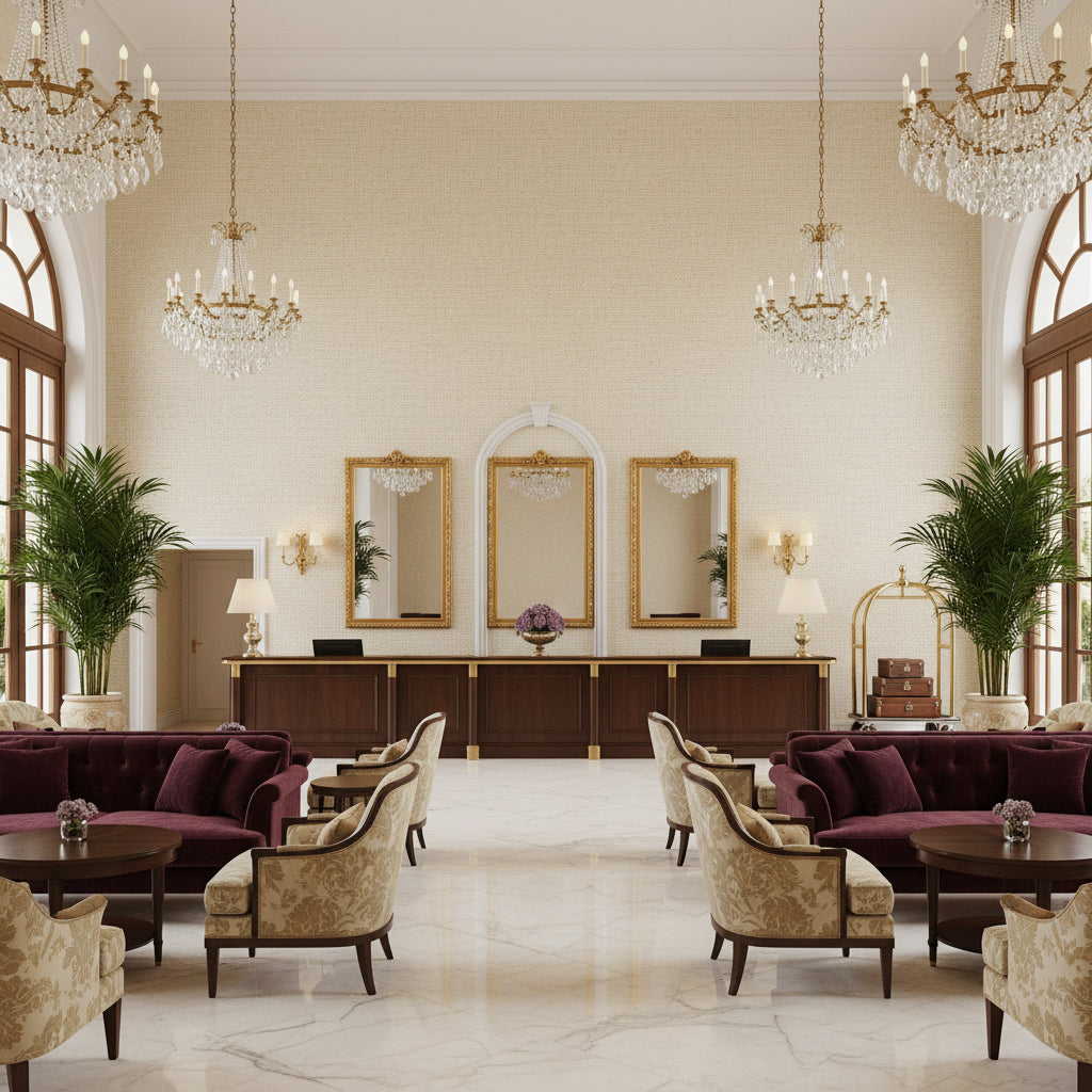 Varona Natural | Kravet - Hotel Lobby Visualization (AI-generated, may not be to scale. Verify pattern scale with product specifications.)