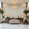 Varona Seamist | Kravet - Hotel Lobby Visualization (AI-generated, may not be to scale. Verify pattern scale with product specifications.)