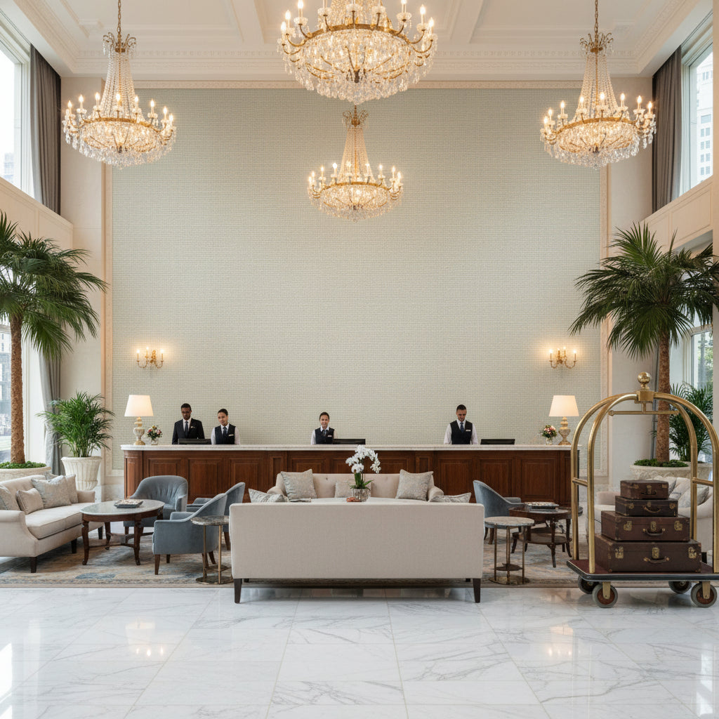 Varona Seamist | Kravet - Hotel Lobby Visualization (AI-generated, may not be to scale. Verify pattern scale with product specifications.)