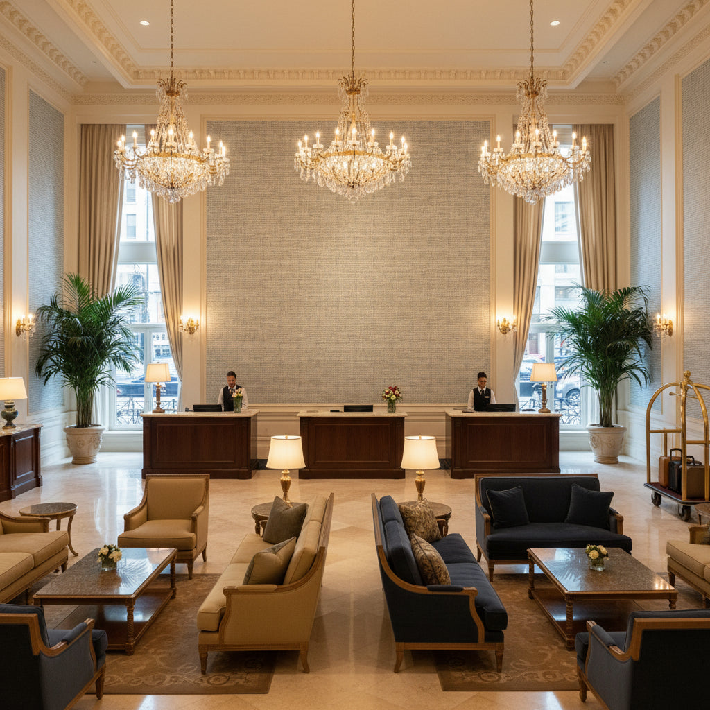Varona Lagoon | Kravet - Hotel Lobby Visualization (AI-generated, may not be to scale. Verify pattern scale with product specifications.)