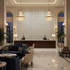 Varona Marine | Kravet - Hotel Lobby Visualization (AI-generated, may not be to scale. Verify pattern scale with product specifications.)