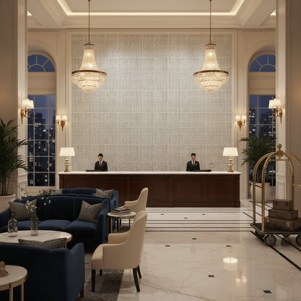 Varona Marine | Kravet - Hotel Lobby Visualization (AI-generated, may not be to scale. Verify pattern scale with product specifications.)