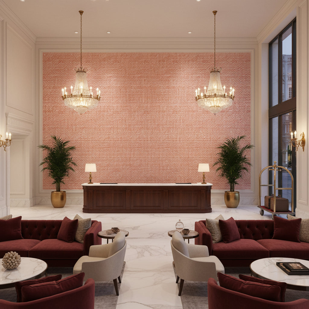 Varona Berry | Kravet - Hotel Lobby Visualization (AI-generated, may not be to scale. Verify pattern scale with product specifications.)