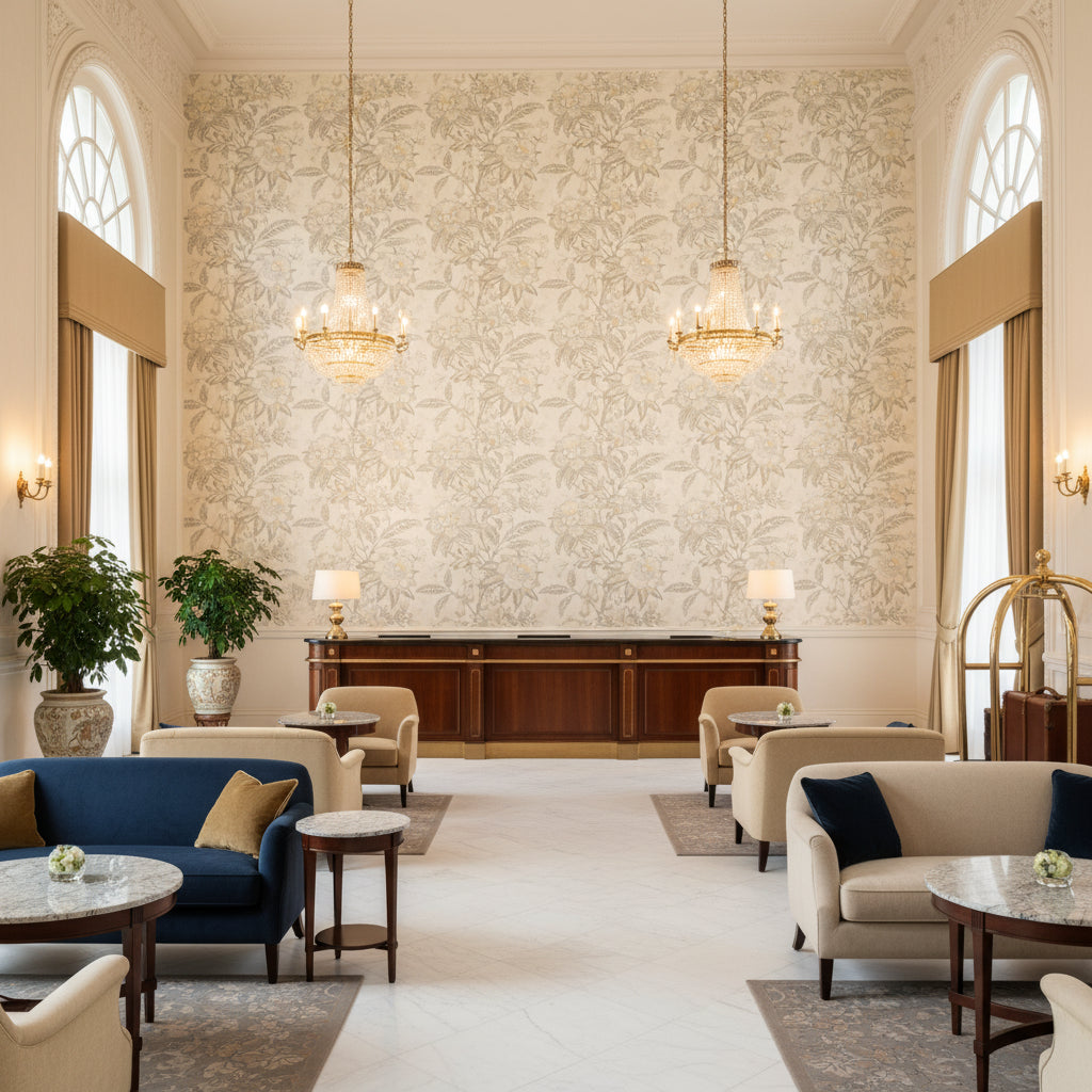 Davenport Print Cloud | Kravet - Hotel Lobby Visualization (AI-generated, may not be to scale. Verify pattern scale with product specifications.)