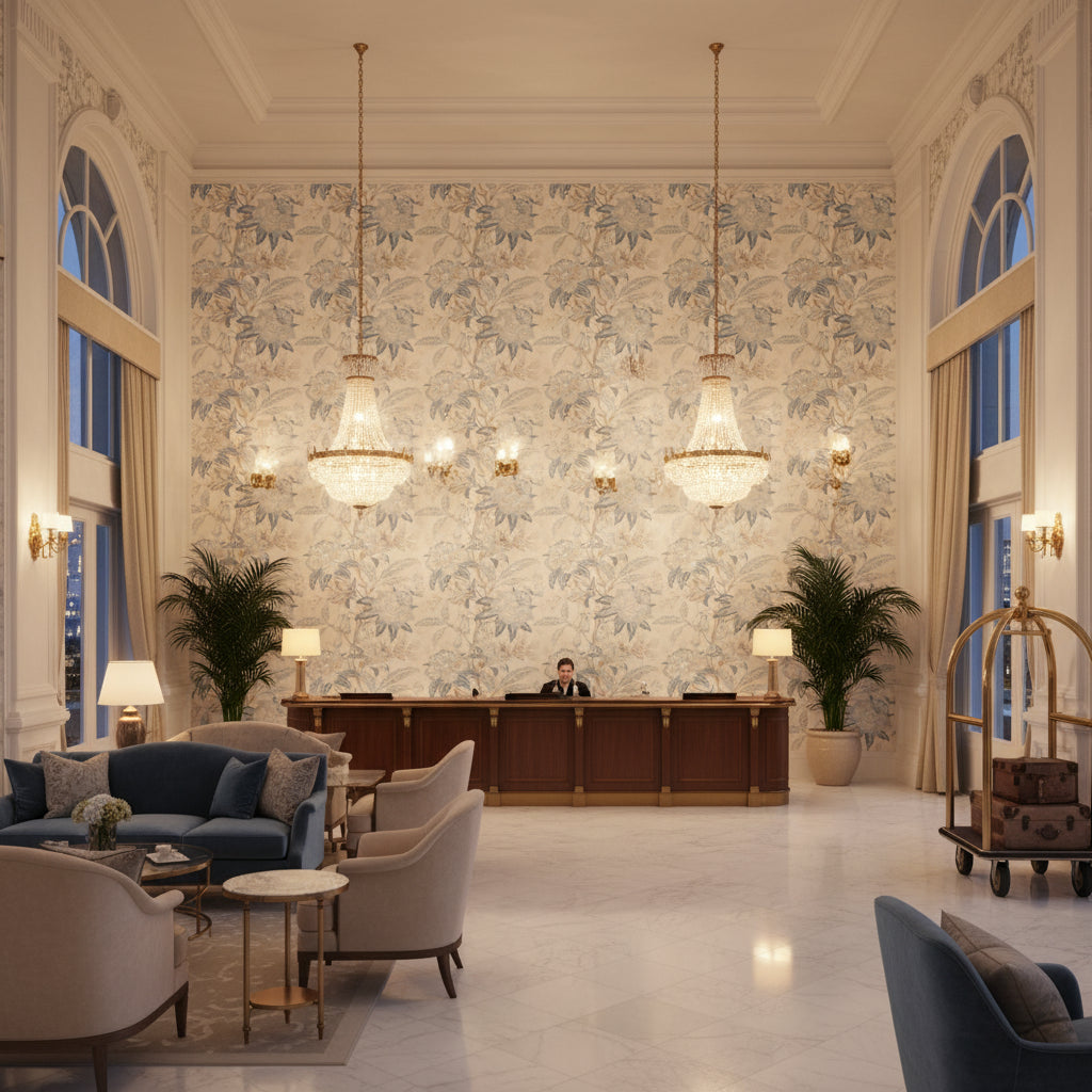Davenport Print Frost Blue | Kravet - Hotel Lobby Visualization (AI-generated, may not be to scale. Verify pattern scale with product specifications.)