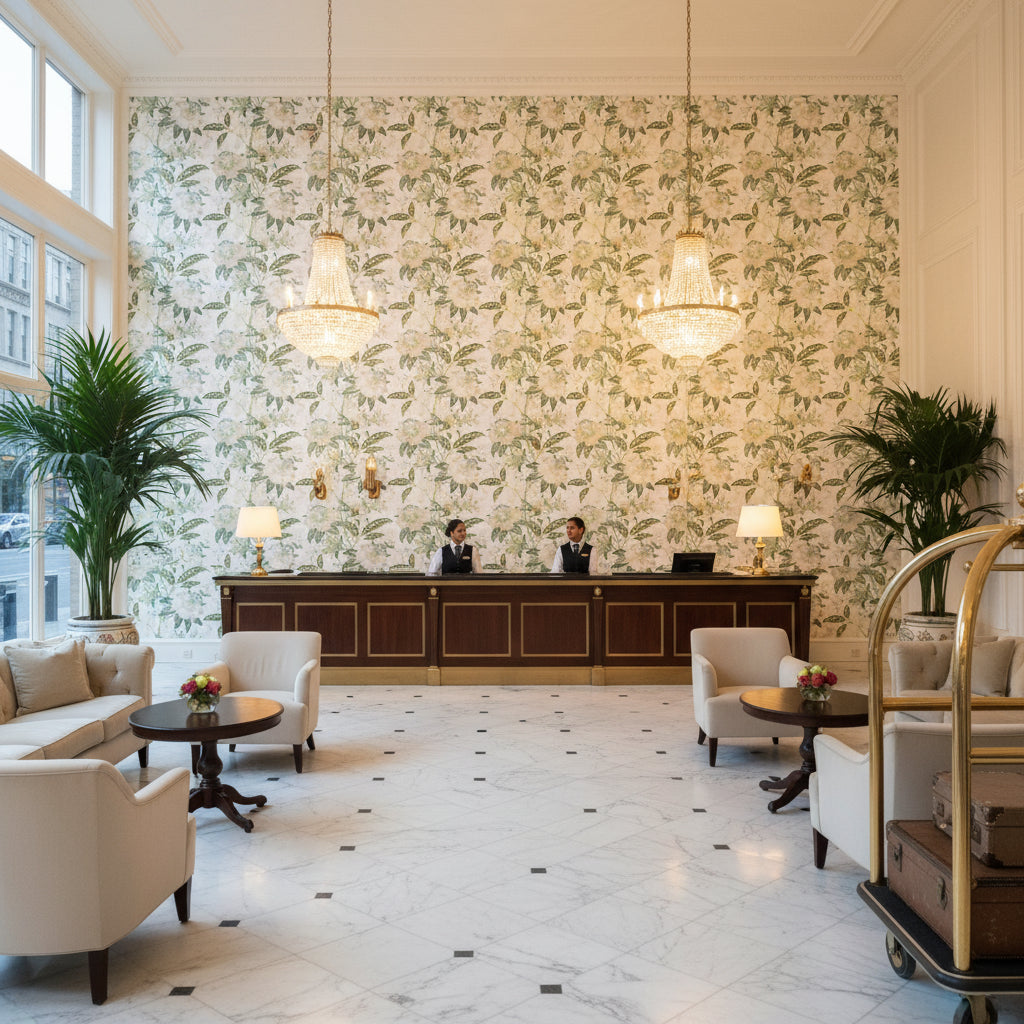 Davenport Print Greenery | Kravet - Hotel Lobby Visualization (AI-generated, may not be to scale. Verify pattern scale with product specifications.)