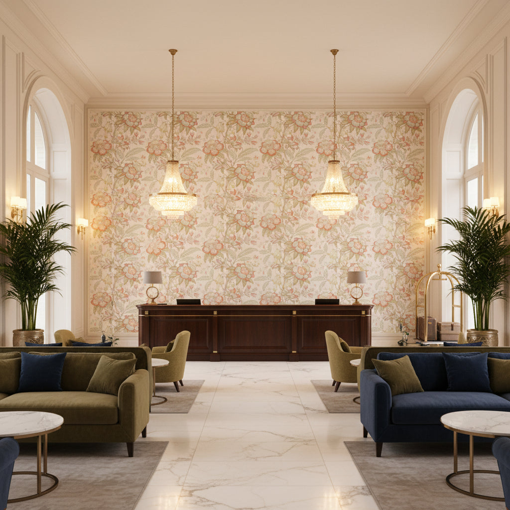Davenport Print Coral | Kravet - Hotel Lobby Visualization (AI-generated, may not be to scale. Verify pattern scale with product specifications.)