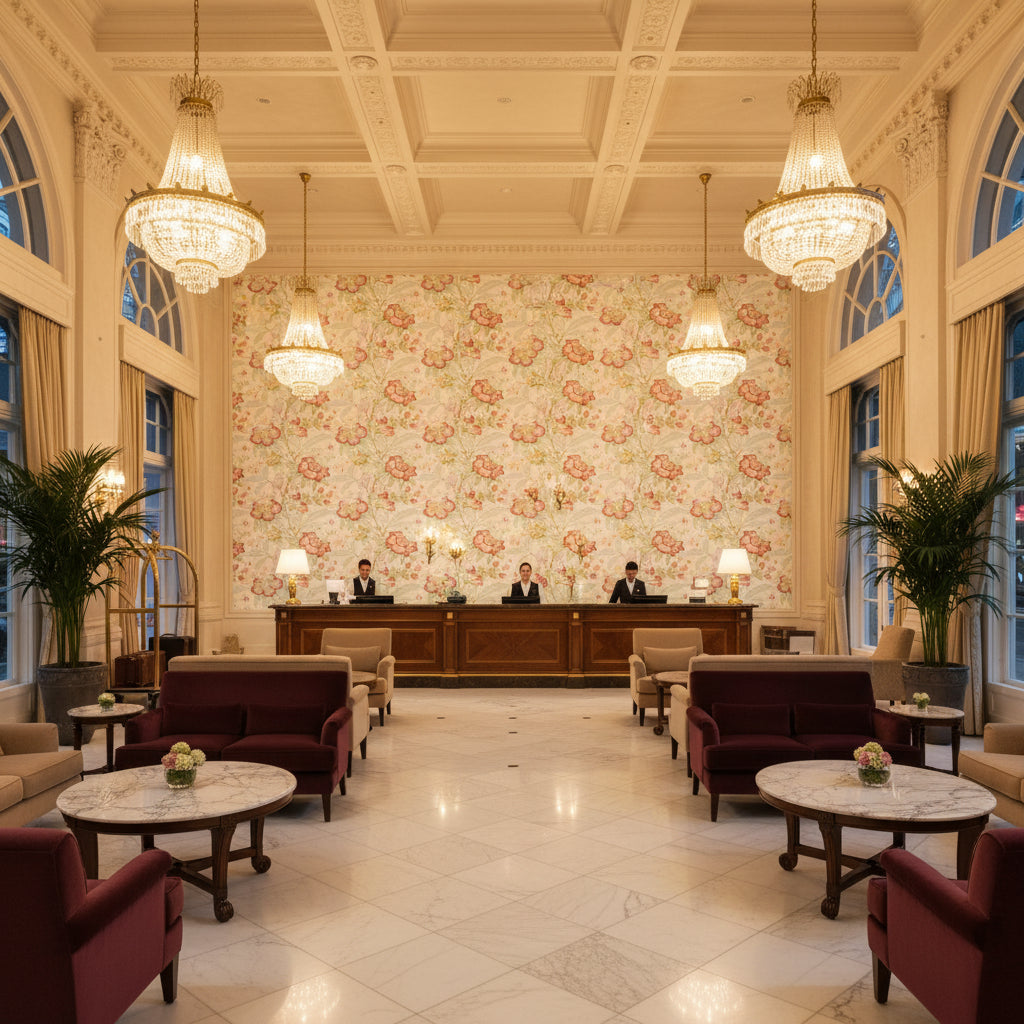 Davenport Print Cabana | Kravet - Hotel Lobby Visualization (AI-generated, may not be to scale. Verify pattern scale with product specifications.)