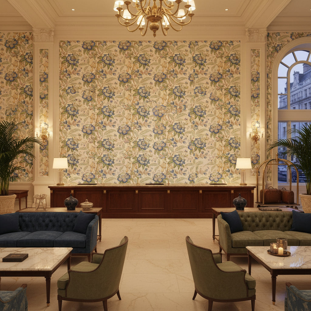 Davenport Print Pacific | Kravet - Hotel Lobby Visualization (AI-generated, may not be to scale. Verify pattern scale with product specifications.)