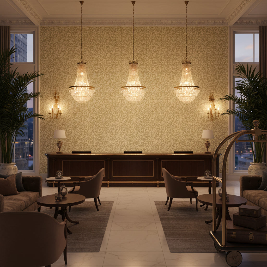 Laine Print Mist | Kravet - Hotel Lobby Visualization (AI-generated, may not be to scale. Verify pattern scale with product specifications.)