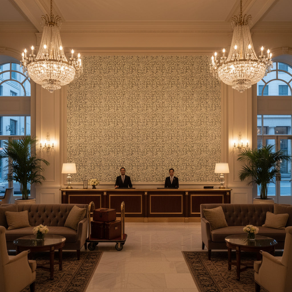 Laine Print Pacific | Kravet - Hotel Lobby Visualization (AI-generated, may not be to scale. Verify pattern scale with product specifications.)