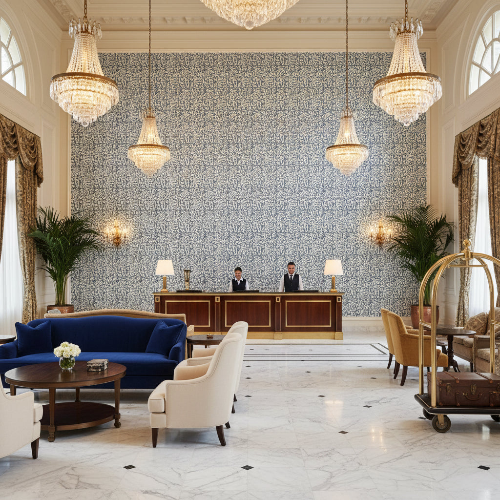 Laine Print Bluebell | Kravet - Hotel Lobby Visualization (AI-generated, may not be to scale. Verify pattern scale with product specifications.)