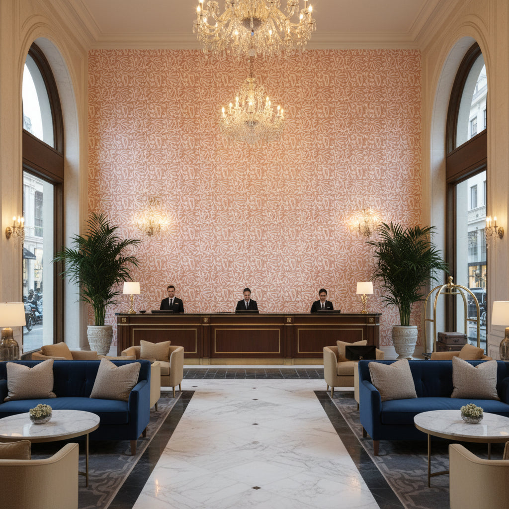 Laine Print Petal | Kravet - Hotel Lobby Visualization (AI-generated, may not be to scale. Verify pattern scale with product specifications.)