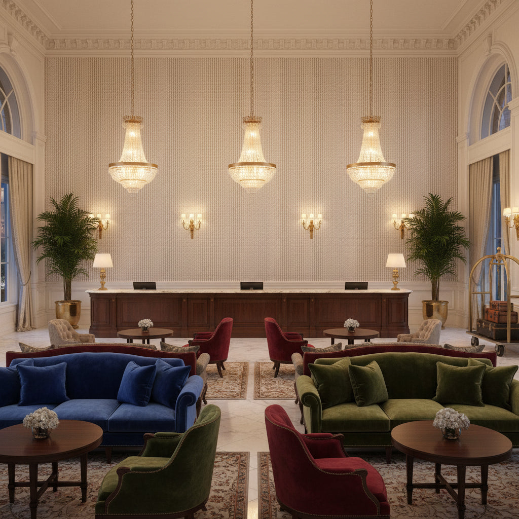 Kaya Ii Lilac | Kravet - Hotel Lobby Visualization (AI-generated, may not be to scale. Verify pattern scale with product specifications.)