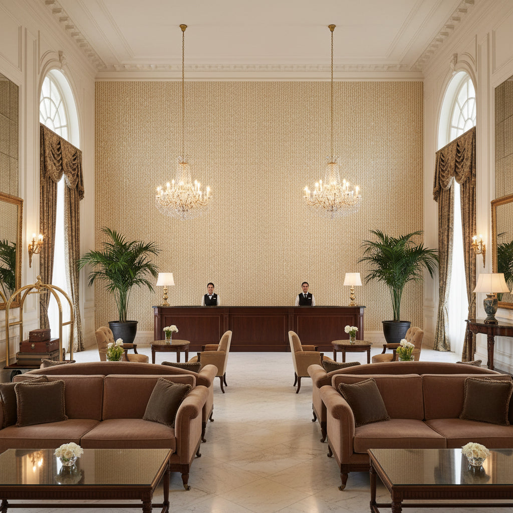 Kaya Ii Wheat | Kravet - Hotel Lobby Visualization (AI-generated, may not be to scale. Verify pattern scale with product specifications.)