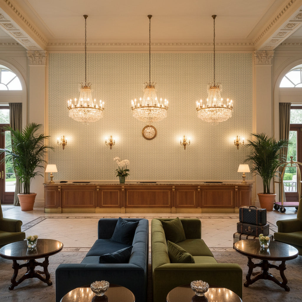 Kaya Ii Mist | Kravet - Hotel Lobby Visualization (AI-generated, may not be to scale. Verify pattern scale with product specifications.)