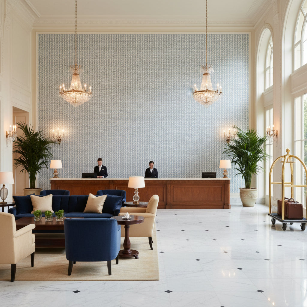 Kaya Ii Sky | Kravet - Hotel Lobby Visualization (AI-generated, may not be to scale. Verify pattern scale with product specifications.)