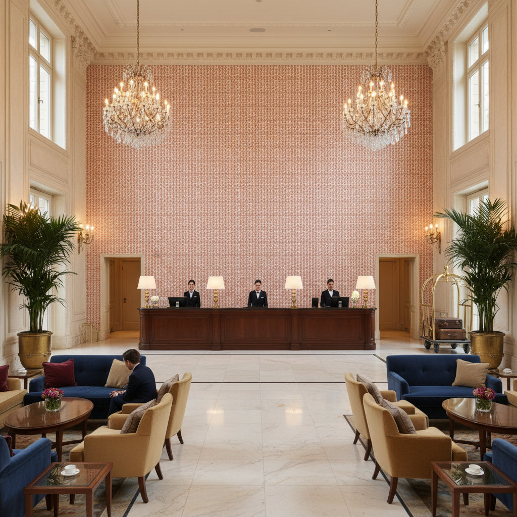 Kaya Ii Berry | Kravet - Hotel Lobby Visualization (AI-generated, may not be to scale. Verify pattern scale with product specifications.)